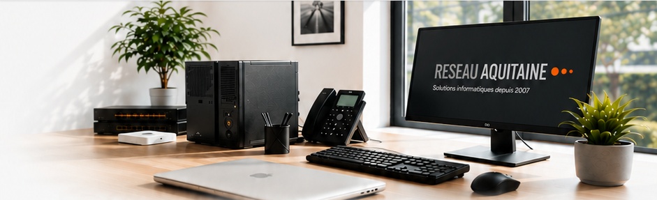 Poste informatique avec ordinateur, écran, équipements réseau et périphériques