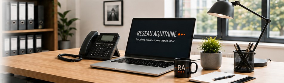 Bureau équipé d’un ordinateur portable, d’un téléphone et de périphériques informatiques