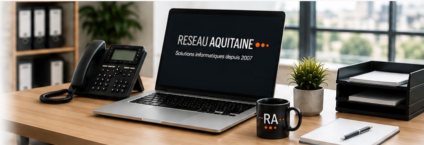 Bureau professionnel équipé d’un téléphone, d’un ordinateur portable et de périphériques