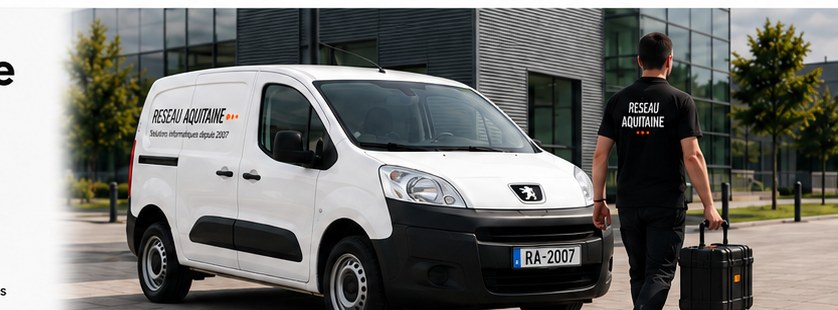Technicien terrain rejoignant un utilitaire compact avec sa mallette d’intervention