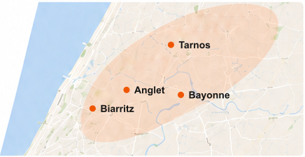 Zone d’intervention de Réseau Aquitaine autour de Bayonne, Tarnos, Anglet et Biarritz